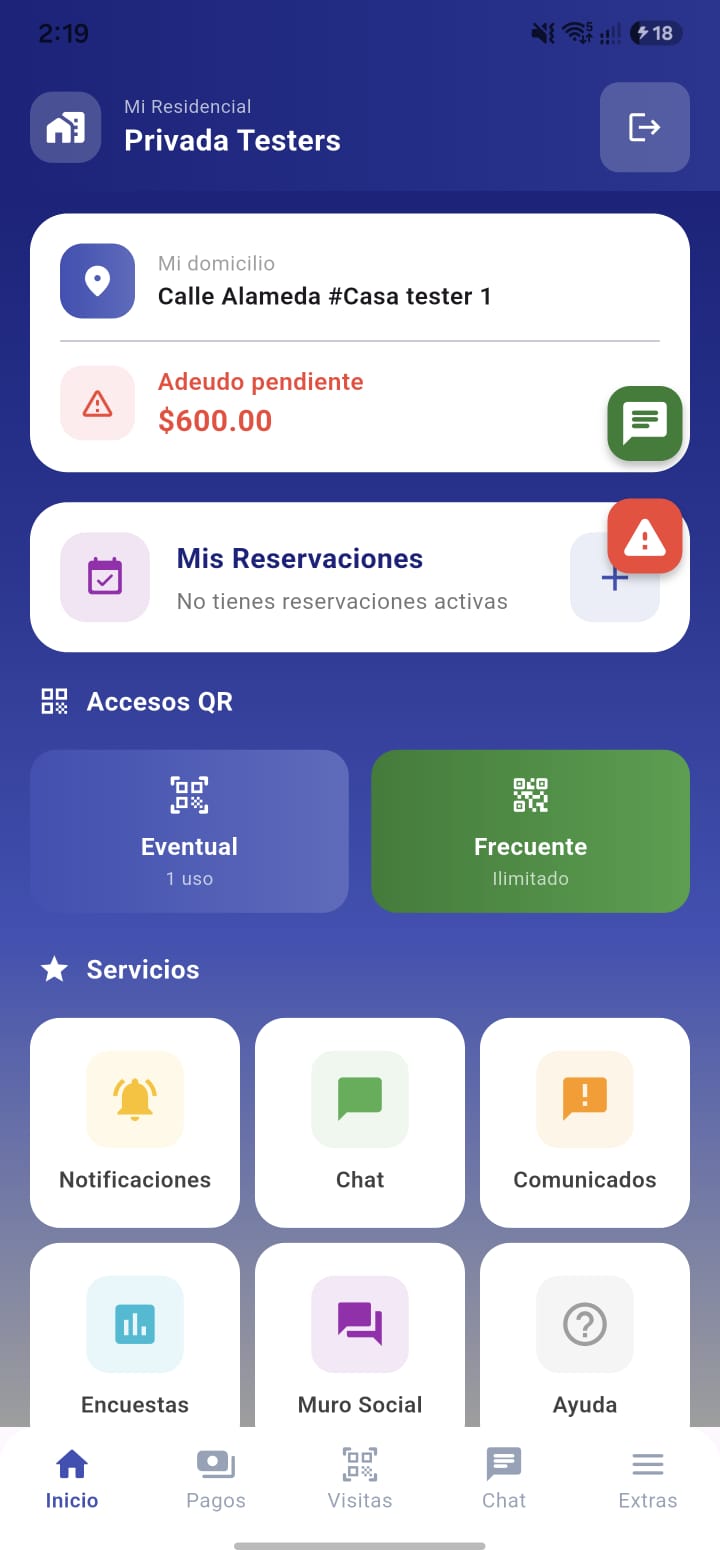 Pantalla de inicio del residente