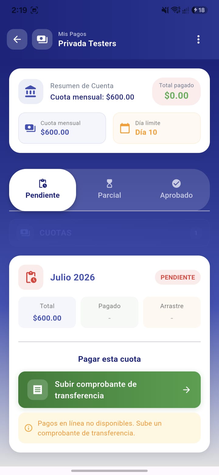Pantalla de pagos y cuotas