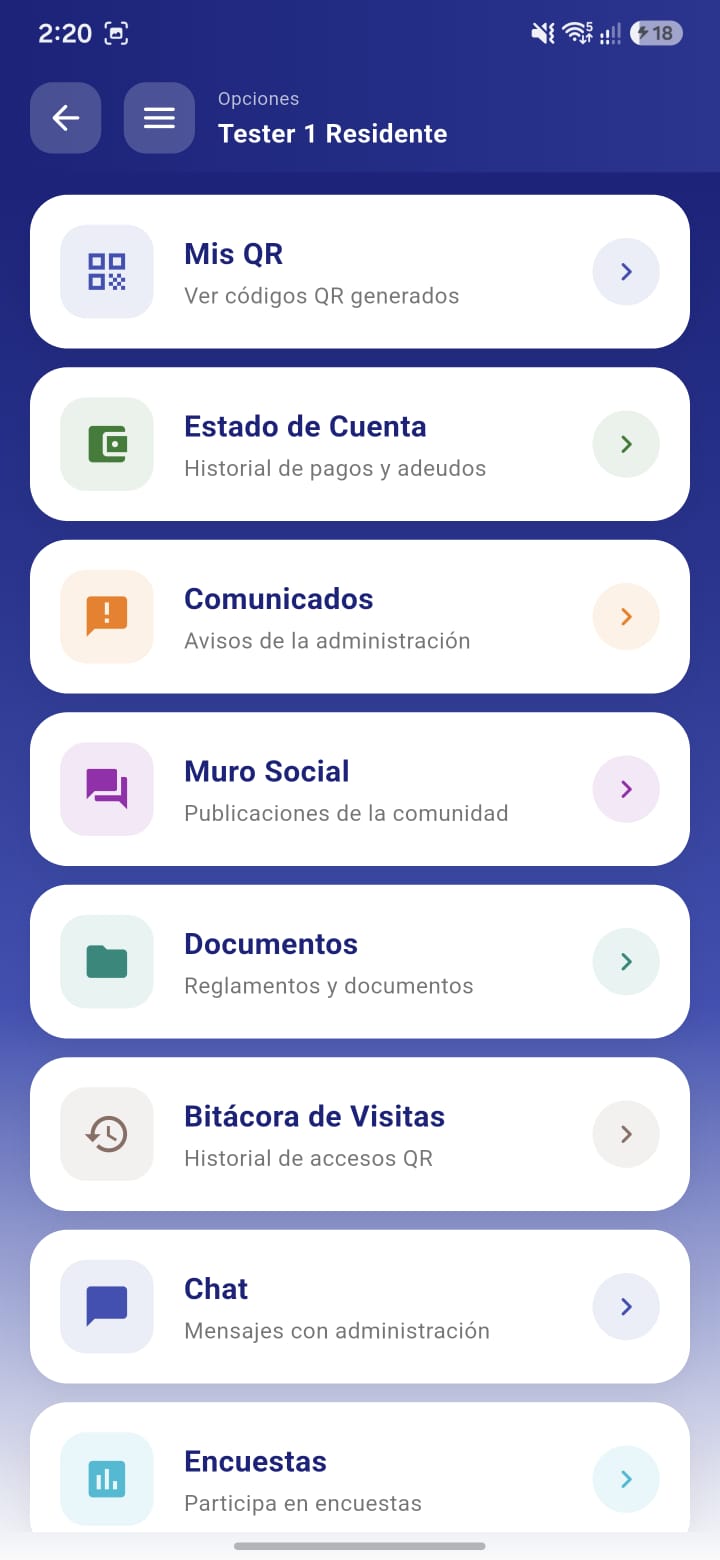 Menú de servicios del residente