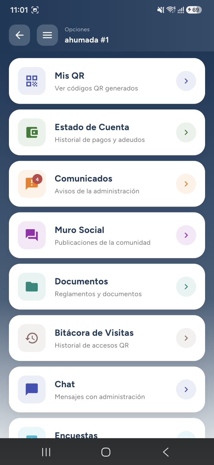 Menú de servicios del residente