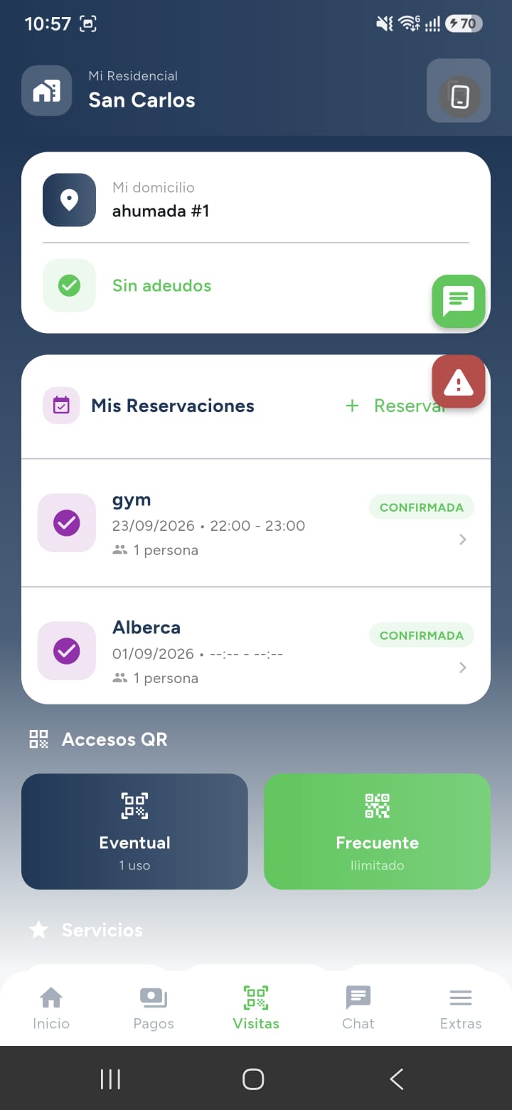 Pantalla de inicio del residente
